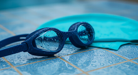 Dark Blue Swimming Goggles with Water Droplets on Lenses CloseUp View.