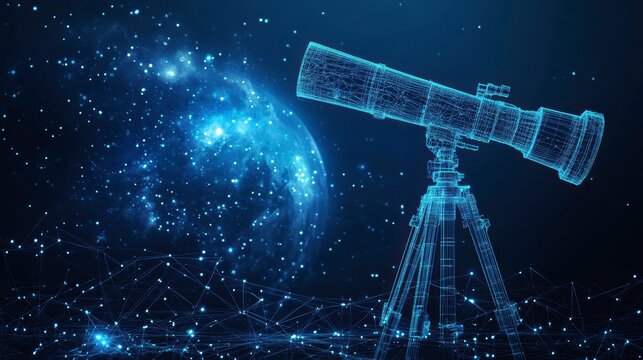 Wireframe telescope observing a glowing planet against a dark, starry night sky.