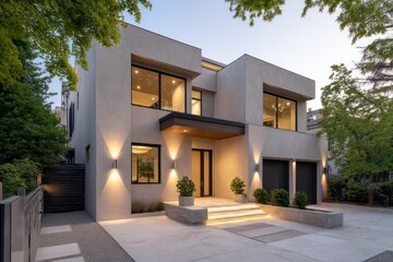 Urban duplex rendered in soft pink dusk light rear alley view with side-mounted sconces casting cinematic rim lighting