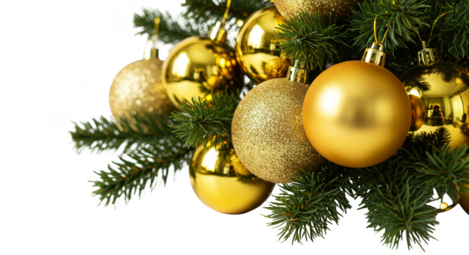 Isolated Golden Christmas Baubles on Fir Branches Transparent Background