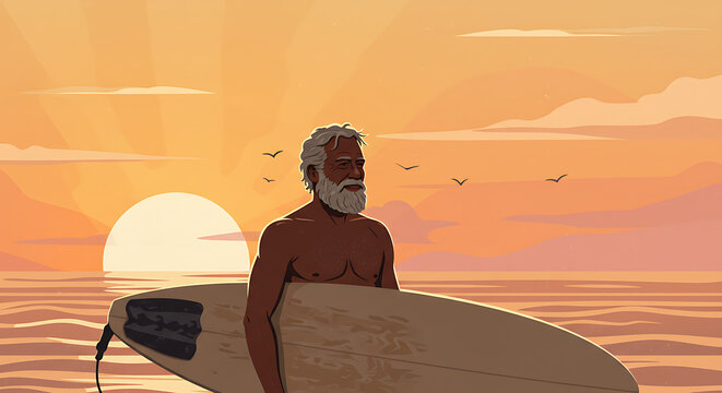 Elderly Surfer with White Beard Holding Surfboard at Sunset. - Powered by Adobe