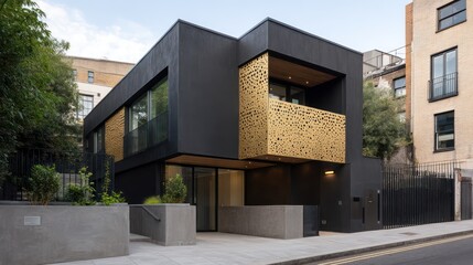 Urban duplex with smooth black render golden perforated metal balcony top-down daylight casting firm shadow blocks across entrance