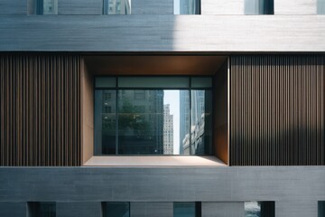 Urban duplex with vertical window fins bronze anodized aluminum cladding harsh midday light defined cast shadows tight composition