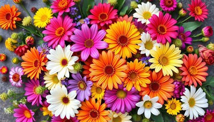 Fototapeta premium Vibrant floral arrangement, flat lay, colorful blooms, nature background, pretty, petals