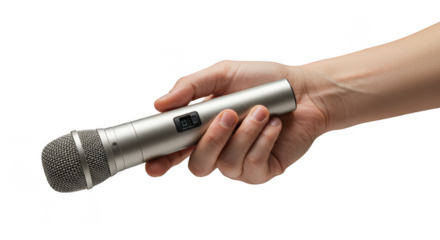 Isolated Hand Holds Silver Microphone Audio Sound Transparent Background
