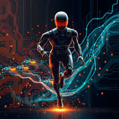 Graceful Android Runner Amidst Glowing Circuit Board Patterns