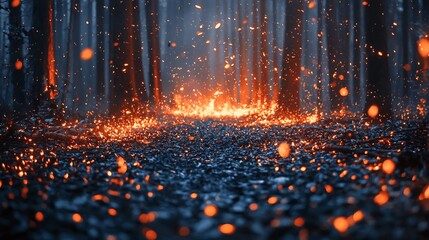 Enchanted forest path illuminated by mystical lights and ethereal glow