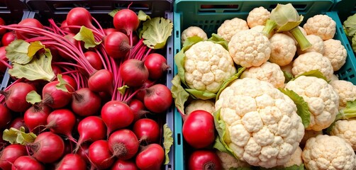 Bright red beetroots and white cauliflower in plastic crates,  agriculture,  vibrant