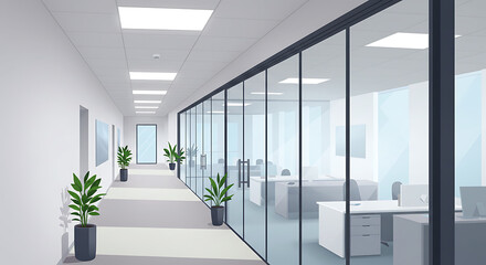 Fototapeta premium Modern Office Interior with Glass Walls and Potted Plants.