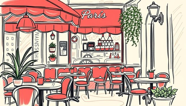 Cozy Parisian bistro cafe, red accents, sketched vector illustration,   market,  building