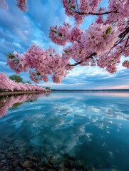 Pink cherry blossoms over water reflection