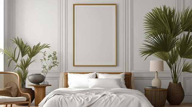 Animated scene of a blank photo frame mockup in a bedroom