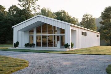 White metal barn with glass front gable sidelight bouncing off gravel driveway casting crisp shadows cinematic field depth