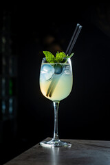 A beautifully crafted cocktail with ice and mint leaves stands out against a dark backdrop