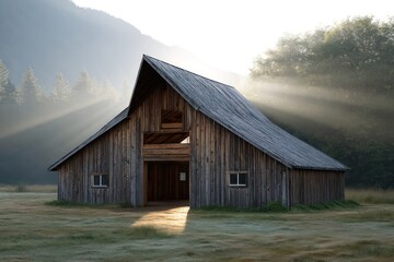 Wide barn with open gable ends sunset side lighting casting rich shadows soft contrast on dark stained timber