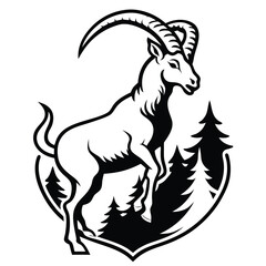 Majestic ibex standing proudly among pine trees silhouette