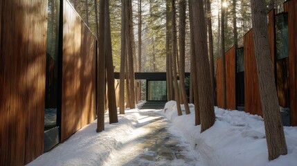 Winter forest path leading to modern chalet with vertical timber slats side-lit afternoon sun casting dappled shadows from