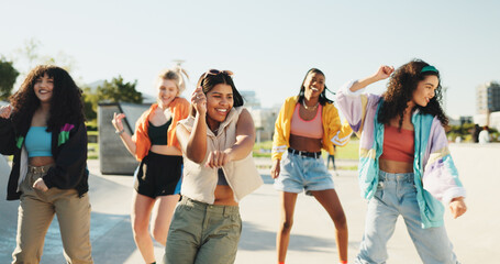 Rehearsal, dancing and girl friends in city with music for hip hop, fashion or talent with...