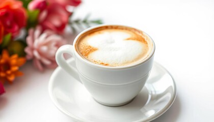 A frothy cappuccino in a ceramic cup, isolated on white,  ceramic,  drink