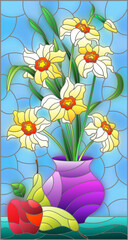 Naklejka premium An illustration in stained glass style with floral still life, vase with a bouquet of daffodils and fruit on a blue background