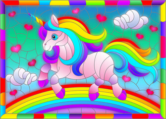 Obraz premium A stained glass illustration with winged bright rainbow cartoon unicorn against a cloudy blue sky and rainbow