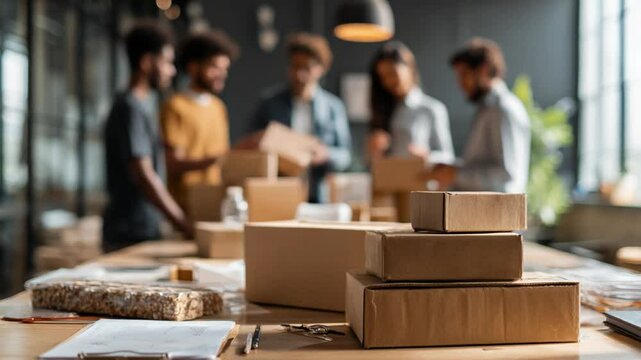 Boxes on Table: A group of people work on a collaborative project, as an array of neatly arranged brown boxes stands in the foreground, inviting viewers to imagine the contents.
