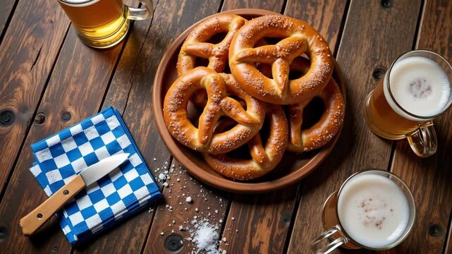 Enjoy rustic Oktoberfest with soft pretzels, frothy beer in mugs, and a blue Bavarian napkin displayed beautifully on a wooden table in high quality footage.