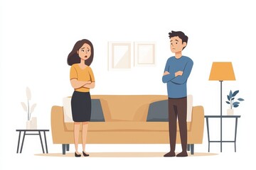 Family problems, Asian couple quarreling at home. The woman is angry at the man, while the man feels annoyed, Generative AI