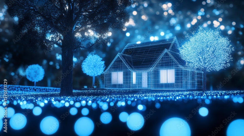 Aufkleber wireframe house model glowing in blue light at night, surrounded by trees and bokeh lights.