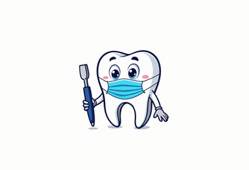 Naklejka premium Happy cartoon tooth wearing a mask and holding a toothbrush 