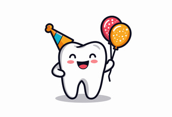 Cartoon tooth celebrating birthday with balloons and party hat  