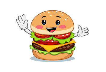 Cartoon hamburger character waving and smiling with vegetables  