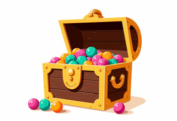 Colorful treasure chest filled with vibrant balls on white background  