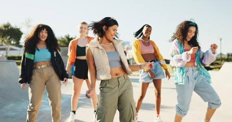 Happy, dancing and friends in city with music for hip hop, fashion or talent with freestyle. Smile,...