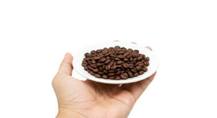 Isolated Hand Holding Brown Coffee Beans on Plate Transparent Background