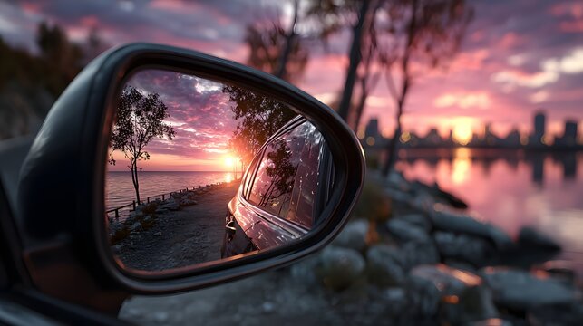 R&uuml;ckspiegel zeigt Sonnenuntergang &uuml;ber Stadt und Wasserlandschaft
