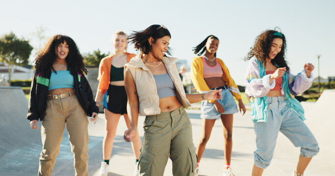 Happy, dancing and friends in city with music for hip hop, fashion or talent with freestyle. Smile, fun and group of people with energy for moving to song together for practice outdoor in town.