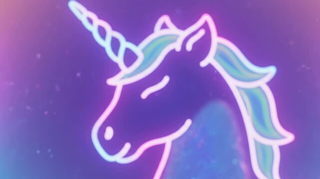 A neon unicorn with rainbow mane on purple background
