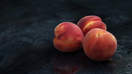 Peaches on a dark surface with soft natural light