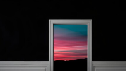 Naklejka premium A door reveals a vibrant and captivating sunset landscape with a touch of mystery. The color of the sunset through the open door are truly alluring 