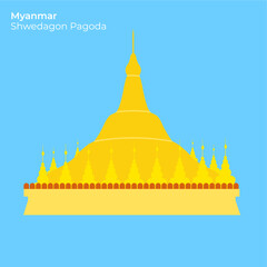 Naklejka premium Vector Illustration of Shwedagon Pagoda, golden stupa in Yangon, Myanmar’s most important Buddhist pilgrimage site,. ideal for faith, gold, and heritage visuals, flat art design style.