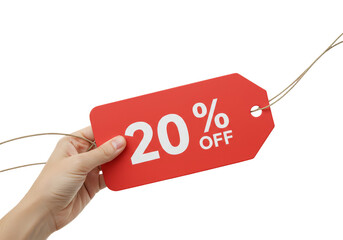 Isolated PNG Image Hand Holding Red 20 Percent Off Discount Tag