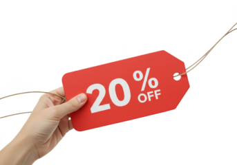 Isolated PNG Image Hand Holding Red 20 Percent Off Discount Tag