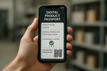 digital product passport, Close-up of hand holding smartphone showing digital product passport with product origin, material composition, sustainability rating, and QR code for verification
