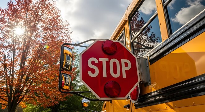 School bus stop sign in autumn image of student safety and back to school - Powered by Adobe