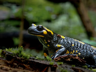 fA yellow-patterned fire salamander (Salamandra salamandra) resting on moss in the Csordó Valley, Bükk Mountains. A rare and beautiful amphibian captured in detail.