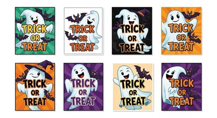 Collection of halloween themed trick or treat posters with ghosts and bats in various colors