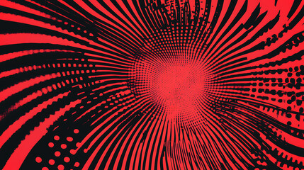Vibrant red and black abstract radial pattern with distorted lines and halftone dots, creating a dynamic and edgy retro pop art background