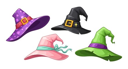 Obraz premium A collection of colorful witch hats including purple black pink and green on a white background art