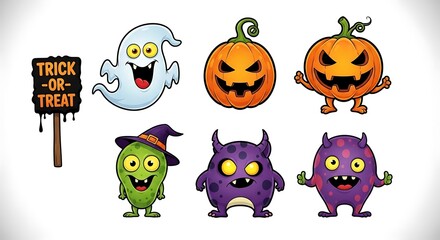 Obraz premium A halloween themed illustration with pumpkins monsters and a trick or treat sign on a white background